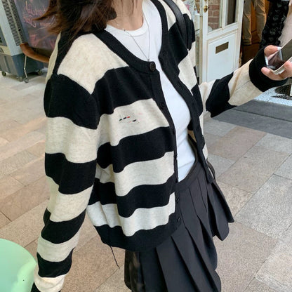 Round Neck Color Block Stripe Embroidery Knitted Cardigan Women's Loose Soft Lazy Style Sweater Jacket