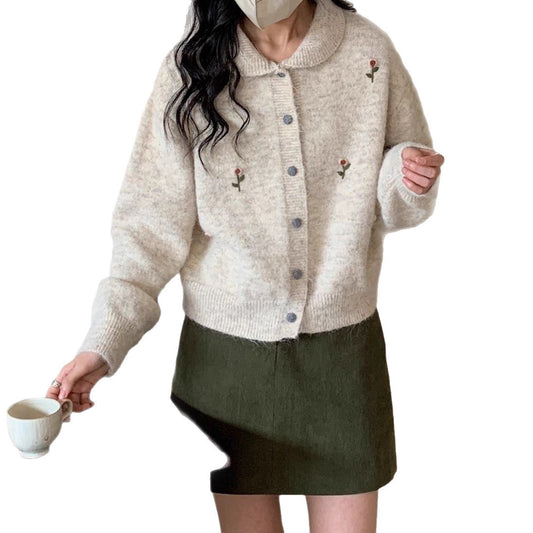 Sweet Retro Embroidered Knit Cardigan Women Soft Versatile Gentle Style Sweater Coat