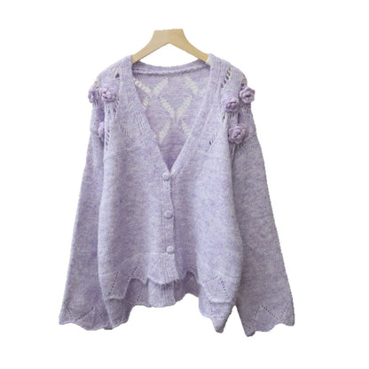 Design Sense Three-Dimensional Flower Knitted Cardigan Women's  Sweet Soft and Loose Sweater Jacket