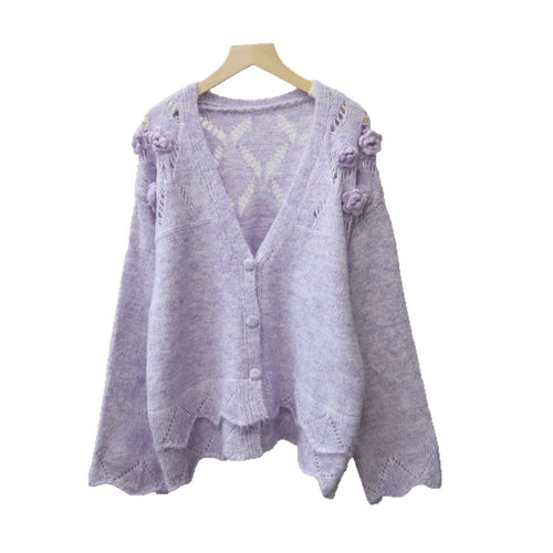 Design Sense Three-Dimensional Flower Knitted Cardigan Women's  Sweet Soft and Loose Sweater Jacket