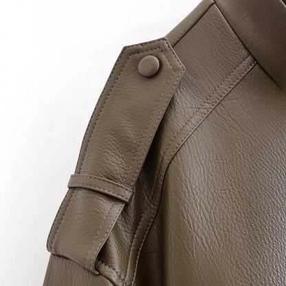 Pocket decoration retro casual PU jacket baseball jacket women's jacket