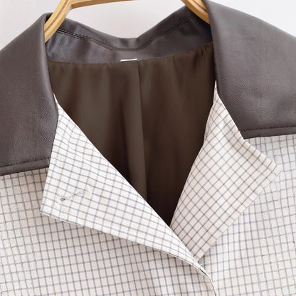 Color blocked PU lapel short plaid trench coat for women