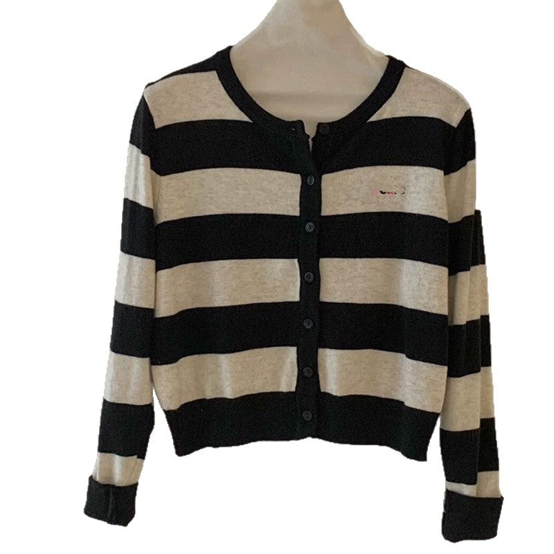 Round Neck Color Block Stripe Embroidery Knitted Cardigan Women's Loose Soft Lazy Style Sweater Jacket