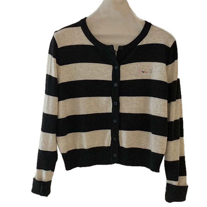 Round Neck Color Block Stripe Embroidery Knitted Cardigan Women's Loose Soft Lazy Style Sweater Jacket