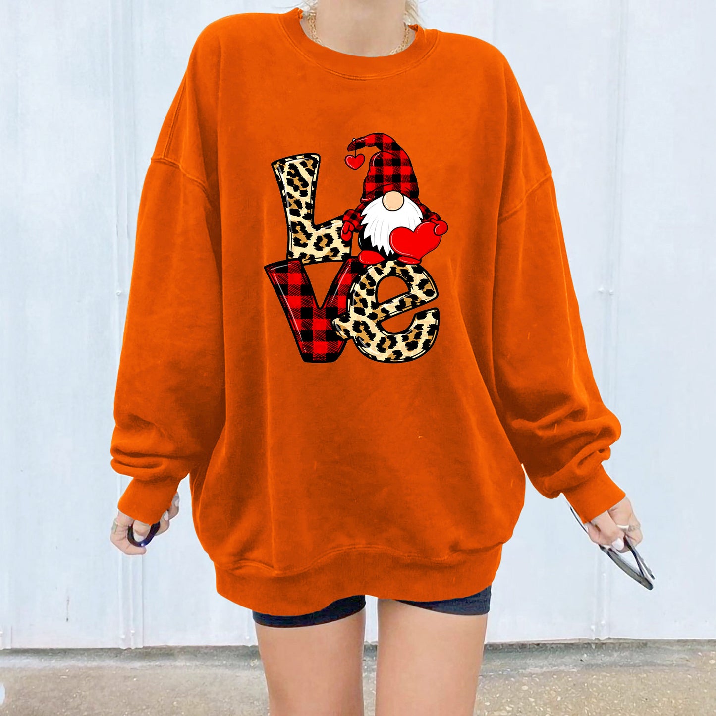 Red and black checkered Santa Claus love letter patchwork printed shoulder down hoodie