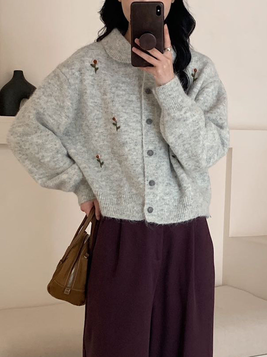 Sweet Retro Embroidered Knit Cardigan Women Soft Versatile Gentle Style Sweater Coat