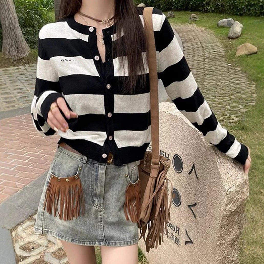 Round Neck Color Block Stripe Embroidery Knitted Cardigan Women's Loose Soft Lazy Style Sweater Jacket