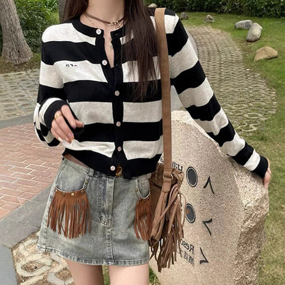 Round Neck Color Block Stripe Embroidery Knitted Cardigan Women's Loose Soft Lazy Style Sweater Jacket