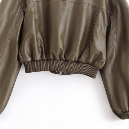 Pocket decoration retro casual PU jacket baseball jacket women's jacket