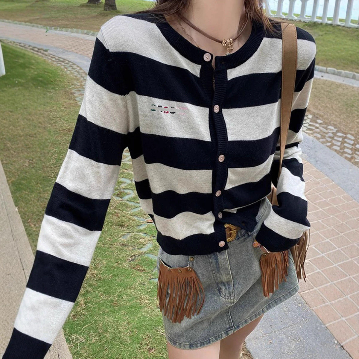 Round Neck Color Block Stripe Embroidery Knitted Cardigan Women's Loose Soft Lazy Style Sweater Jacket