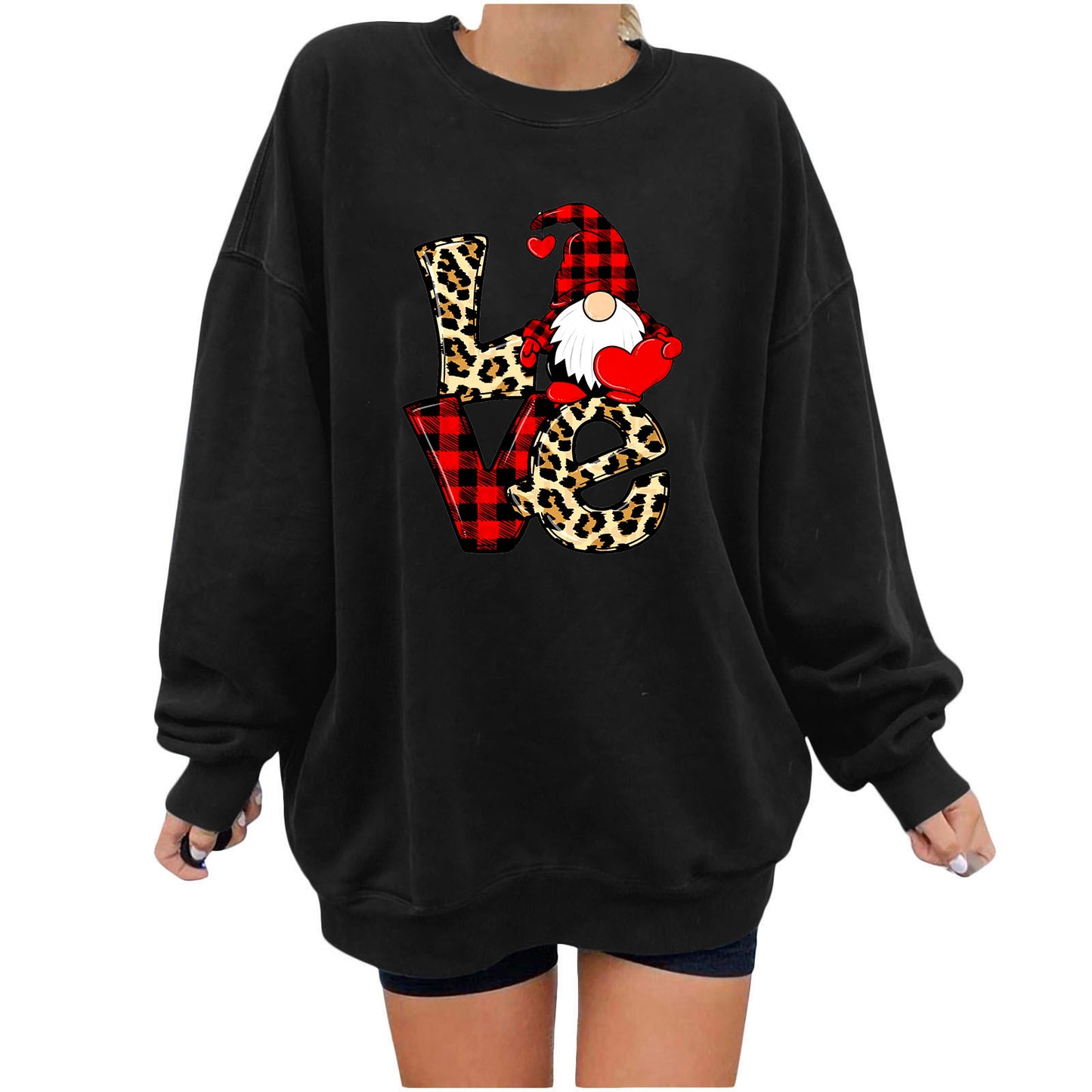Red and black checkered Santa Claus love letter patchwork printed shoulder down hoodie