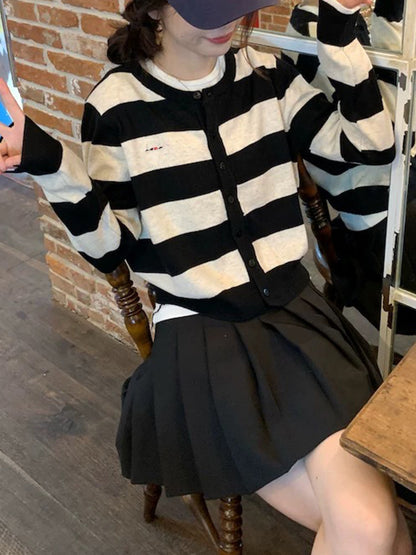 Round Neck Color Block Stripe Embroidery Knitted Cardigan Women's Loose Soft Lazy Style Sweater Jacket