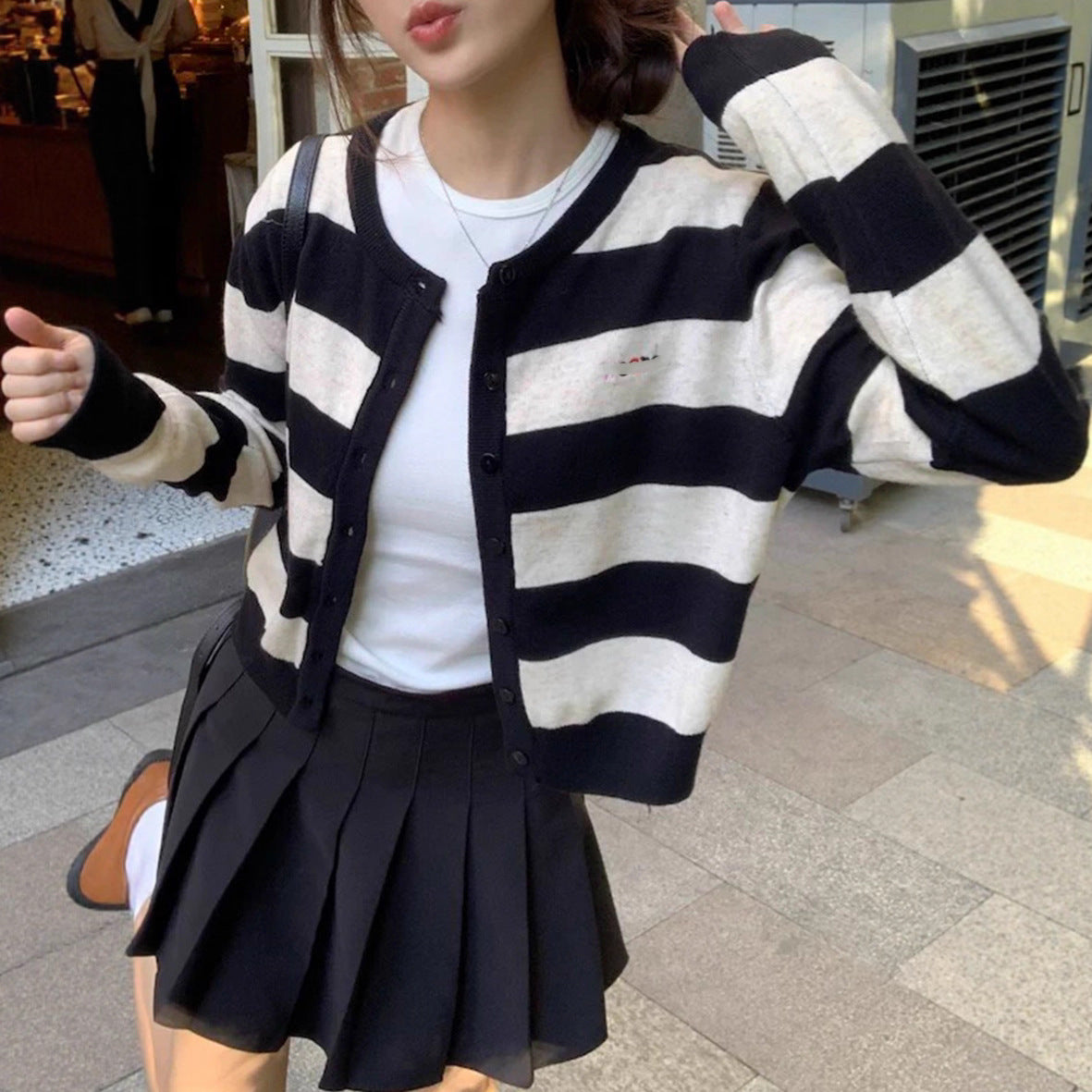 Round Neck Color Block Stripe Embroidery Knitted Cardigan Women's Loose Soft Lazy Style Sweater Jacket