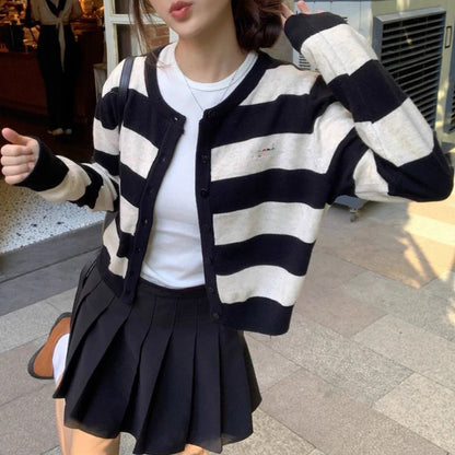 Round Neck Color Block Stripe Embroidery Knitted Cardigan Women's Loose Soft Lazy Style Sweater Jacket